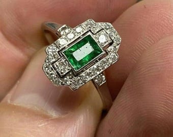 Vintage Emerald Art Deco verlovingsring, rechthoekige groene smaragdgroene trouwring, 14k witgouden geometrische stapring,