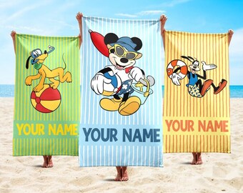 Personalized Disney Mickey And Friends Summer Beach Towel, Disney Minnie Goofy Donald Pool Party Towels, Bridesmaid Towel, Birthday Gift