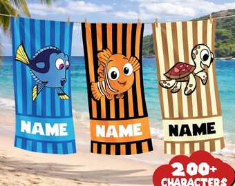 Personalized Cartoon Beach Towels with Cute Ocean Animals, Nemo, Dory and Crush – Custom Personalized Name Towels