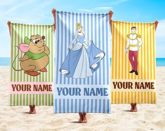 Personalized Disney Cinderella Character Summer Beach Towel, Disney Cinderella Gus Gus Pool Party Towels, Bridesmaid Towel, Birthday Gift