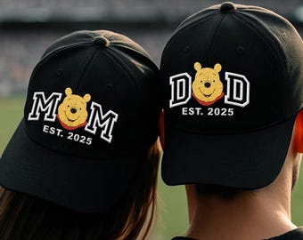 Custom Pooh Mom Dad Embroidered Baseball Hat, Disney Matching Caps