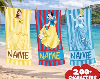 Personalized Princess Disneyland Beach Towels – Custom Name Personalized Towels, Colorful Summer Pool & Beach Gift