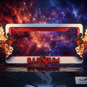 May include: A rectangular license plate frame featuring a white border and a red inner edge. The frame displays the text "ILLENIUM" in red at the bottom center, flanked by two stylized phoenix emblems on the sides with orange, red, and white patterns.