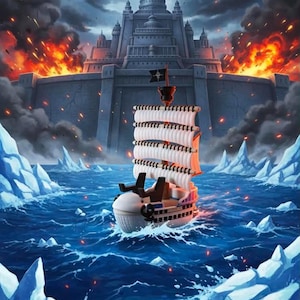 Op de afbeelding: Illustratie van een schip dat op een stormachtige zee naar een groot kasteel vaart. Het schip heeft witte zeilen en een zwarte vlag. Het kasteel is grijs en omgeven door vuur en rook.
