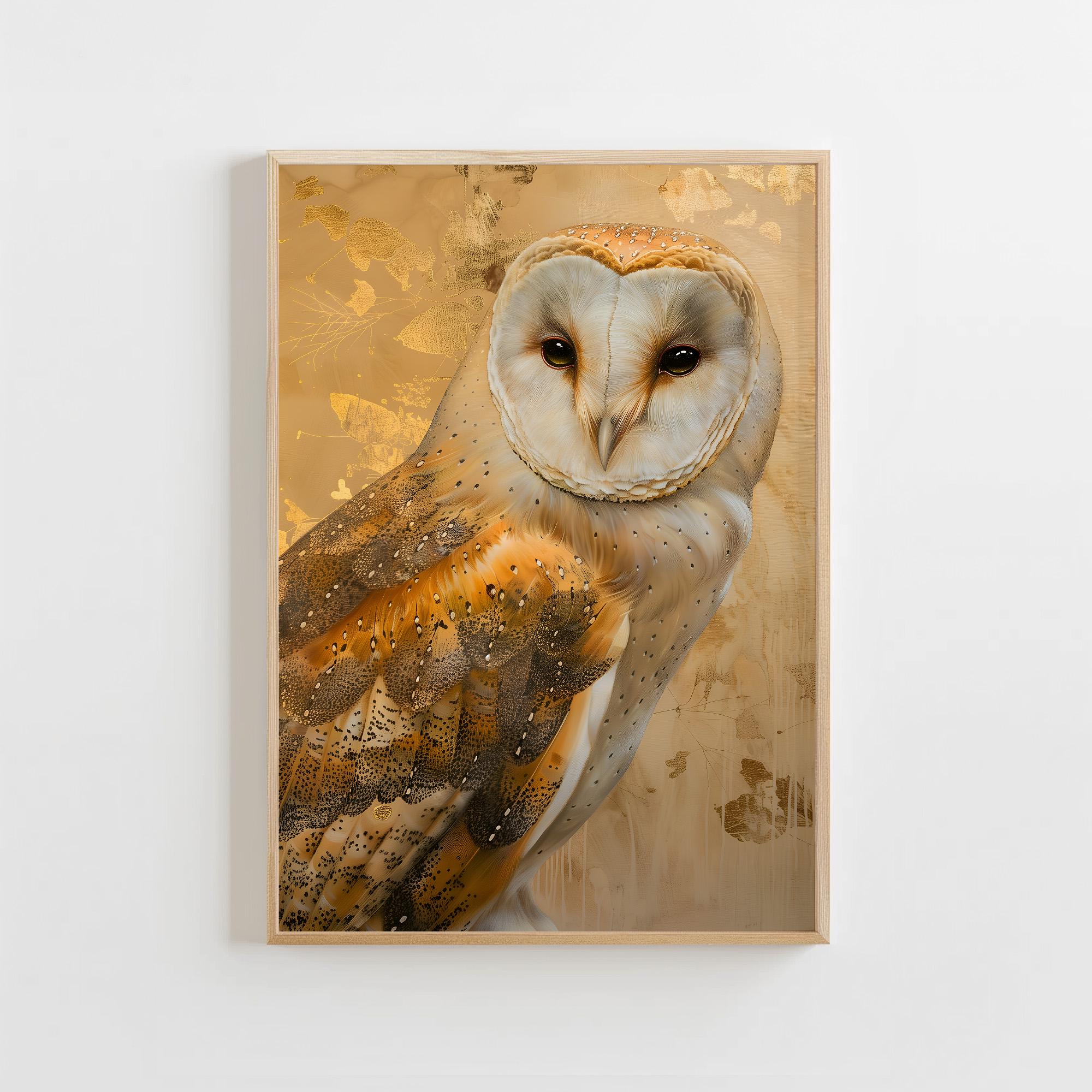 Golden Barn Owl Print &ndash; Elegant Owl Wall Art, Neutral Wildlife Decor, Woodland Nature Illustra