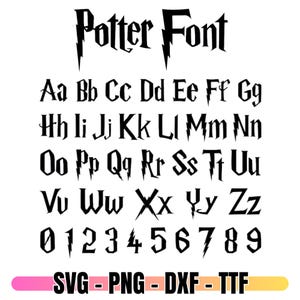 Puede incluir: Conjunto de alfabeto y números "Potter Font" en negro, que incluye letras mayúsculas y minúsculas, y números del 0 al 9. La imagen también incluye los tipos de archivo SVG, PNG, DXF y TTF.