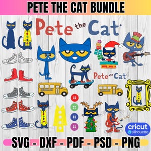 May include: A collection of Pete the Cat themed graphics. Includes various illustrations of the blue cat, school buses, shoes, and the text "Pete the Cat Bundle". Also includes the text "SVG - DXF - PDF - PSD - PNG".