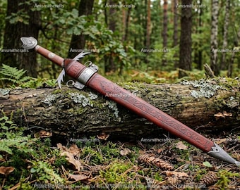 Handmade Damascus Steel Longsword, Medieval Fantasy Knight Sword, Leather Scabbard