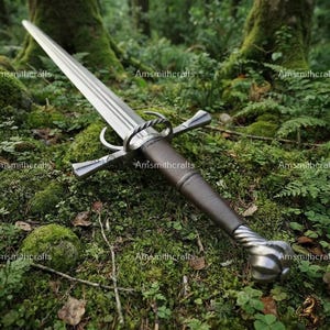 May include: A steel sword with a long, double-edged blade, a brown leather-wrapped grip, and a twisted metal crossguard and pommel. The text Amsmithcrafts is visible across the image, featuring a pointed tip and a flared guard.