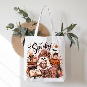 Spooky Boo Ghost Tote Bag, Cute Halloween Reading Bag, Cozy Pumpkin Book Tote, Pink Leopard Halloween Bag, Bookish Halloween Gift
