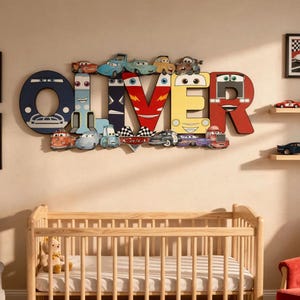 Custom Cars Name Sign, Boys Room Decor, Personalized Wooden Letters, Kids Lightning McQueen Nursery Art, Disney Pixar Room Decor, Wood Name