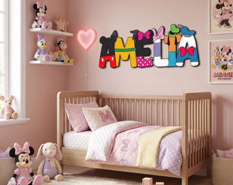 Disney Kids Room Name Sign, Minnie Mickey Themed Wall Decor, Personalized Name Decor, Custom Nursery Name Sign, Disney Custom Name Sign