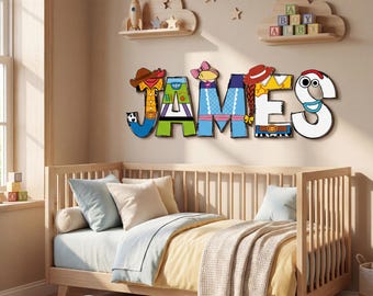 Toy Story Themed Letter Name Sign, Personalized Kids Room Decor, Custom Wooden Nursery Wall Art, Character Style Name Plaque