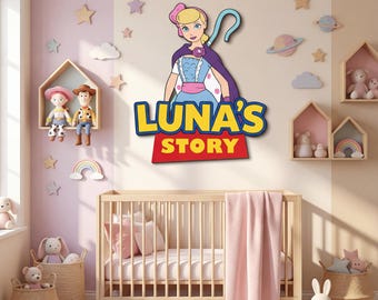 May include: A wall-mounted wooden sign featuring a cartoon character with blonde hair, a blue dress, and a purple cape holding a shepherd's crook. Below the character, the text LUNA'S STORY is displayed in bold yellow and red lettering.