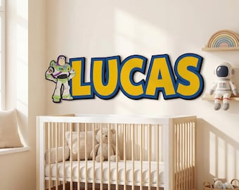Toy Story Buzz Lightyear Custom Name Sign, Personalized Wooden Wall Decor, Kids Room Name Plaque, Nursery Door Sign, Space Theme Decor