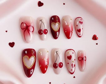 Valentine Almond Nail Set with Cherry, Heart, Gems, Romantic Nails, Holiday/Party/Birthday Nails, Handcrafted Press On Nails, Red Nail