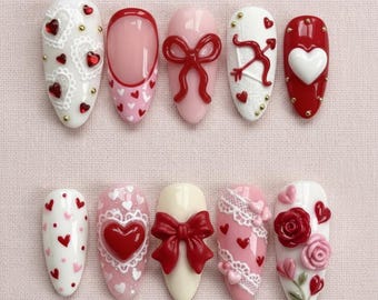 Valentine 3D Press On Nails: Red Pink Heart Bow, Romantic Valentine Nail Set, Kawaii Girly Nails