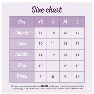 May include: A size chart for nail sizes, with measurements for thumb, index, middle, ring, and pinky fingers. The chart includes sizes XS, S, M, and L, with corresponding measurements in numbers. The text at the bottom advises checking both hands for size variations.