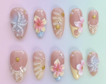 Starfish Bloom Elegance Press On Nails: Short Almond Nails, Flower, Yellow, Spring Summer Nails