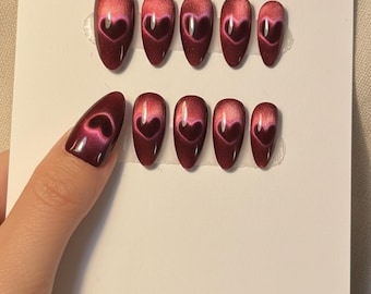 Galaxy Red Velvet Cat's Eye Love Nails, Hand Drawn Cat Eye Glittery, Gift Nails Valentines Nails