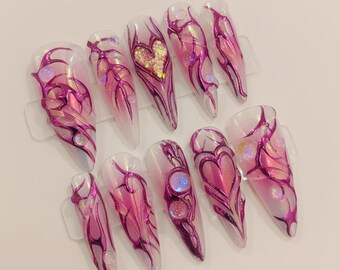 Freestyle Pink Heart Press On Nails, Handmade Fantasy Glitter, Pink 3D Valentine Luxury Nail Set for Party