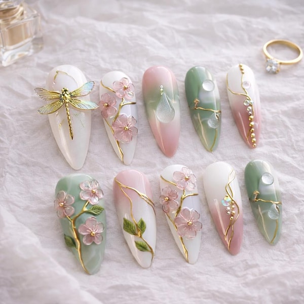 Handmade Floral Press On Nails: Dragonfly Blossom Gold Line 3D Art, Long Almond Pastel Elegant Nails