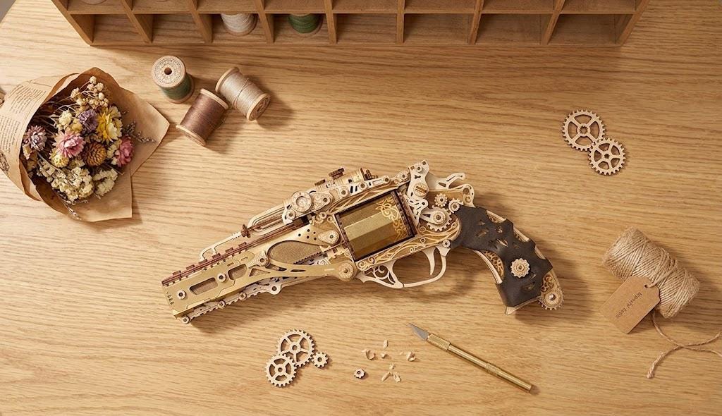 Revolver Craft Steampunk Wooden Revolver Puzzle Kit, DIY 3D Mechanical Pistol Model ...