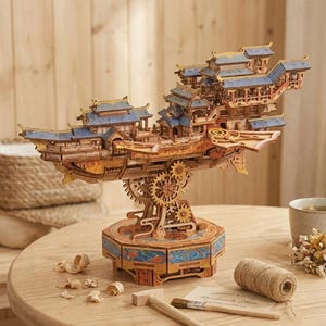 Mechanical 3D Wooden Puzzle Flying Ship Model Kit, Chinese Pagoda Airship Steampunk Building Set