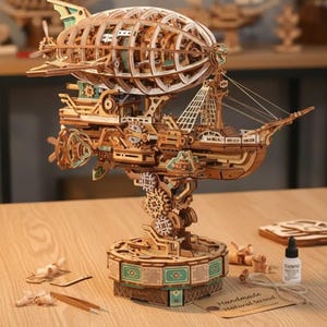 以下が含まれることがあります： 詳細な木製モデルの飛行船。飛行船のようなボディ、複雑な歯車、船のような下部構造が特徴です。モデルにはプロペラ、帆、装飾的なベースがあります。「Handmade Natural Wood」の文字がタグに表示されています。