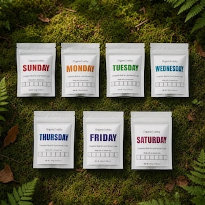 May include: Seven white pouches labeled OrganicCrabby for land hermit crabs, each marked with a day of the week in distinct colors: red Sunday, orange Monday, green Tuesday, blue Wednesday, dark blue Thursday, purple Friday, and magenta Saturday.