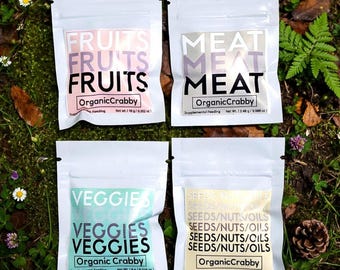 Organic Hermit Crab Food: Fruits, Veggies, Seeds, Meats.