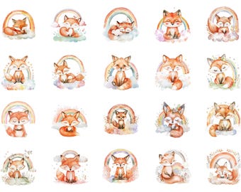 Raposa fofa e arco-íris boho em aquarela PNG, design para camiseta Comfort Colors, clipart de raposa da floresta para sublimação, PNG de animal de berçário para camisetas