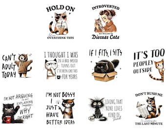 Pacote de imagens PNG de gato engraçado, sarcástico e atrevido para camiseta Comfort Colors, clipart com frases de gato, design de gato introvertido, presente para amante de gatos, PNG de gato