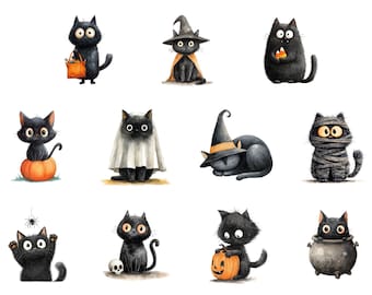 Pacote de Clipart de Gato Preto Fantástico em PNG, Design para Camiseta Comfort Colors, PNG de Gato Preto Fofo para Sublimação, Clipart de Halloween e para Amantes de Gatos