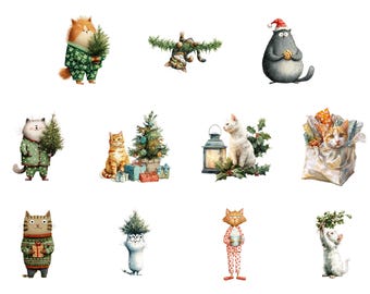 Pacote de imagens PNG de gatinhos aconchegantes de inverno, design para camisetas em cores vibrantes, imagens PNG de gatos fofos para sublimação, imagens de gatinhos de inverno para camisetas e adesivos.