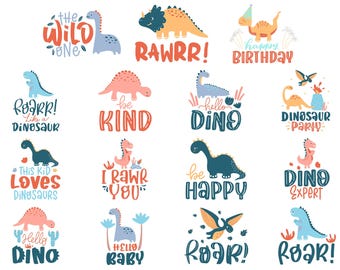 Pacote de imagens SVG com frases sobre dinossauros, designs para aniversários infantis (download digital)