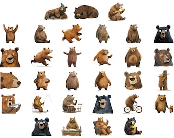 Pacote de imagens PNG de ursos engraçados com 31 desenhos divertidos de animais.