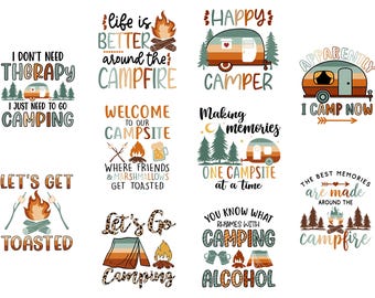 Pacote de sublimação PNG para camping, camiseta Comfort Colors, frases de camping em PNG, design de fogueira, clipart de campista, gráfico de aventura ao ar livre