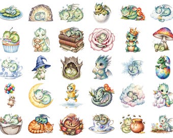 Pacote de imagens PNG de dragões bebês em aquarela, designs de fantasia.
