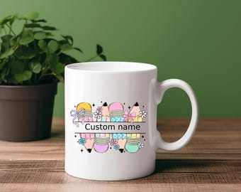 Preppy Pencil Teacher Mug – Custom Name Coffee Cup – Back to School Gift