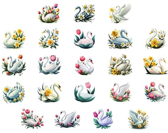 Pacote de Clipart de Cisne e Narciso em Aquarela para Camiseta Comfort Colors, PNG de Cisne Floral da Primavera, Clipart de Pássaro e Flor de Narciso, Design para Sublimação