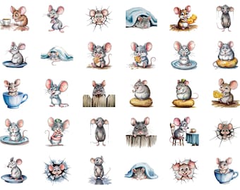 Pacote de Clipart de Ratos Fofos e Divertidos para Camiseta Comfort Colors, Clipart PNG de Rato de Desenho Animado, Gráficos de Ratinhos Fofos, Pacote de Clipart de Animais, Presente para Amantes de Ratos em PNG