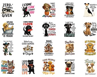 Pacote de frases sarcásticas sobre cães em PNG, frases engraçadas sobre animais de estimação, conjunto de designs fofos para sublimação com cachorrinhos.