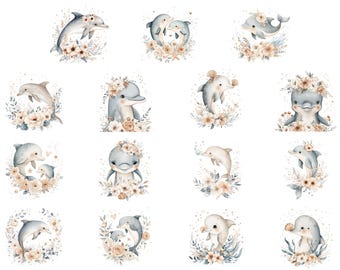 Pacote com 15 imagens PNG de filhotes de golfinho para designs fofos com temática oceânica.