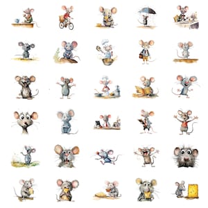 Puede incluir: Una colección de ilustraciones en acuarela de ratones de dibujos animados en varias poses y actividades. Algunos ratones se representan montando en bicicleta, leyendo libros, cocinando y sosteniendo globos. Los ratones son en tonos de gris, marrón y rosa, con fondos blancos.