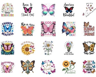 Pacote de imagens PNG com frases inspiradoras sobre borboletas, design para camisetas Comfort Colors, borboletas inspiradoras em PNG para sublimação.