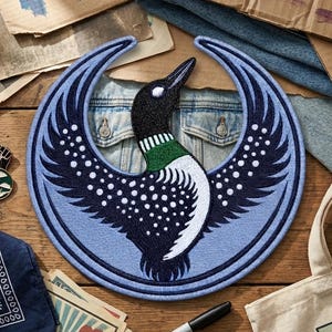 May include: A large, circular patch featuring a stylized loon with outstretched wings, in shades of blue, black, white, and green. The patch is surrounded by a light blue border. Other items include a denim jacket, pins, a bandana, and a tote bag.