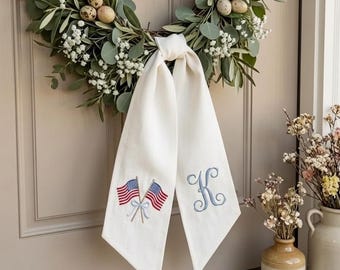 Personalized Patriotic Wreath Sash, Custom Monogram Door Decor, USA 250th Anniversary Decor, Embroidered Linen Wreath Bow, July 4th Decor