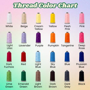 May include: A thread color chart featuring a variety of thread spools in various colors. The colors include white, beige, yellow, pink, purple, orange, blue, green, brown, and black. The text "Thread Color Chart" is at the top.