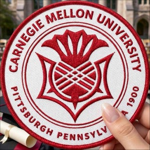 May include: Embroidered patch featuring the Carnegie Mellon University logo. The circular patch has a white background with red text and a central emblem. The text reads "CARNEGIE MELLON UNIVERSITY PITTSBURGH PENNSYLVANIA 1900".